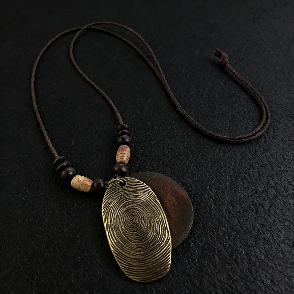Vintage Boho Sweater Chain Hollow Leaves Leather Chain Wooden Pendant Necklace Handmade Long Clothing Pendant Gifts