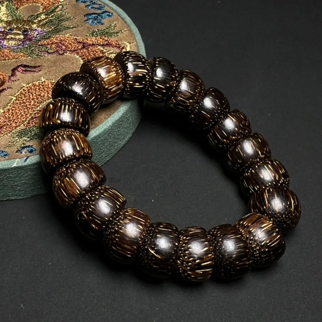 Natural Aged Agarwood Bracelet from Khanh Hoa, Unisex Buddhist Prayer Beads with Dragon Pattern in Gift Box Set