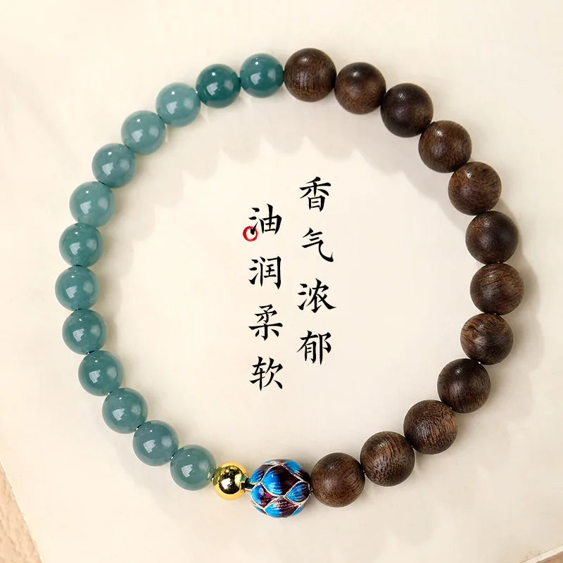 Natural Nha Trang Agarwood Bracelet with Blue Water Jadeite and Cloisonne Lotus Fortune Beads for Women Gifts