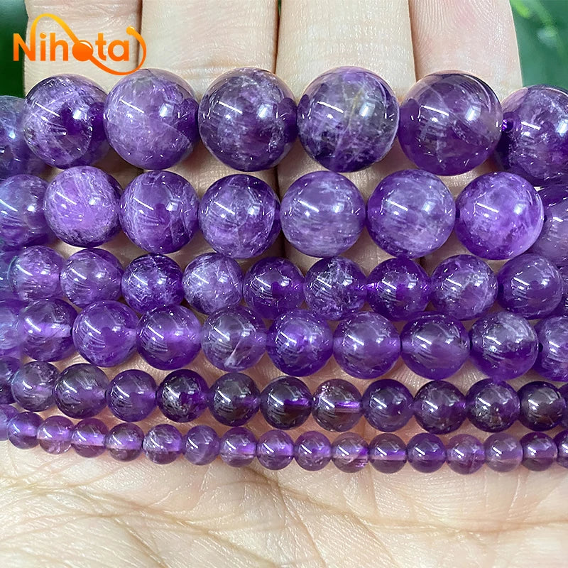 Natural Stone Smooth Purple Amethysts Round Beads Diy Bracelet Accessories for Handmade Jewelry Making 15" Strand 4/6/8/10/12MM