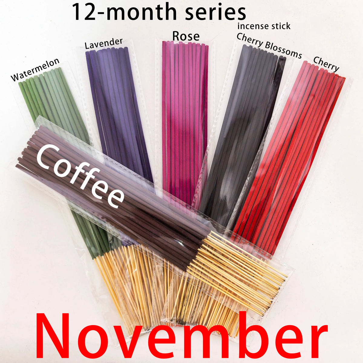 126 Pieces/6 Sets, 12-Month Seasonal Series Combination Set of 22cm Incense Sticks, Including Sandalwood, Agarwood, Dragon's Blood, Cherry, Rose, Jasmine, Watermelon, Strawberry, Cherry, Passion Fruit, Iris, Lavender,