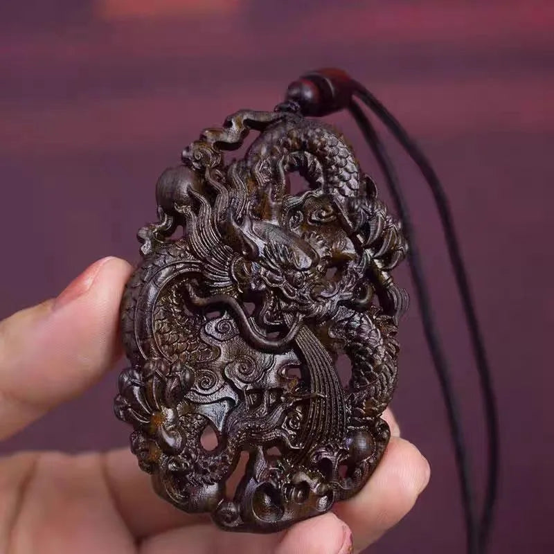 Hand-Carved Agarwood Dragon Pendant Necklace 10.5cm