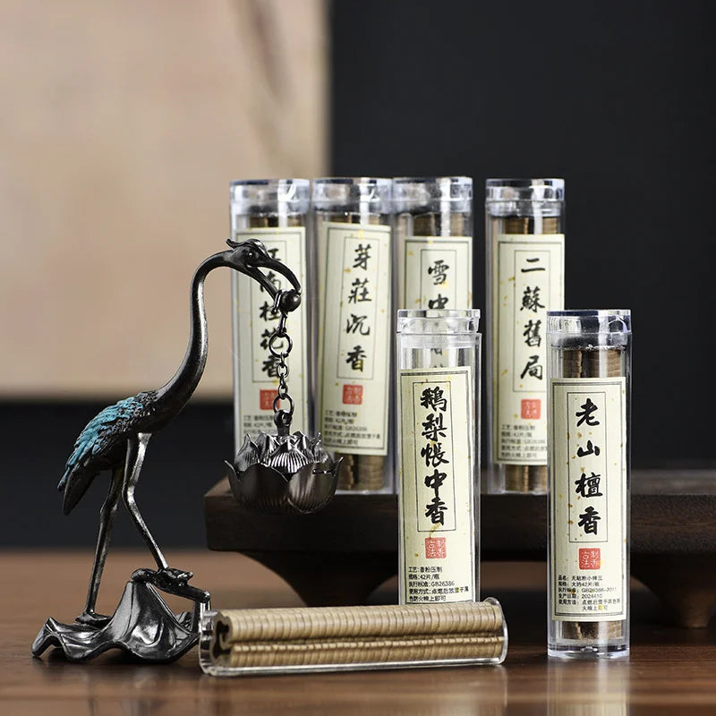 Crane Incense Burner and 5 Tubes Natural Disk Incense Set,Includes 5 Scents Agarwood & Goose Pear Tent & Sandalwood & Ambergris