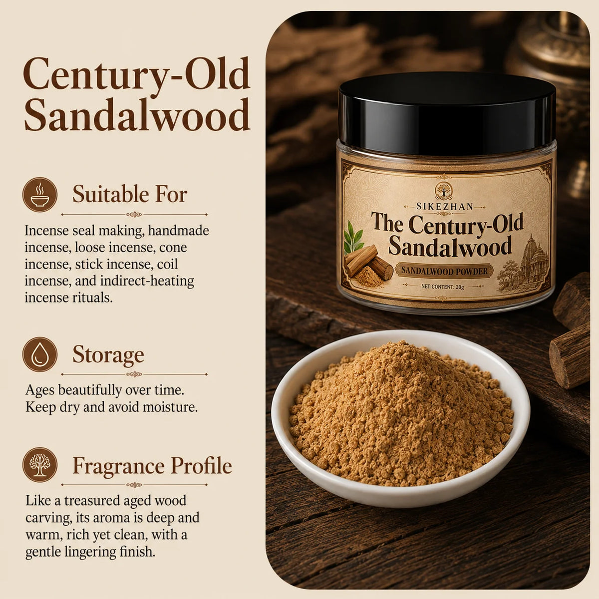 100% Pure Sandalwood Incense Powder 20g Kit Vintage Brass Burner Antique Dragon Censer For Zen Yoga Meditation Home Aromatherapy