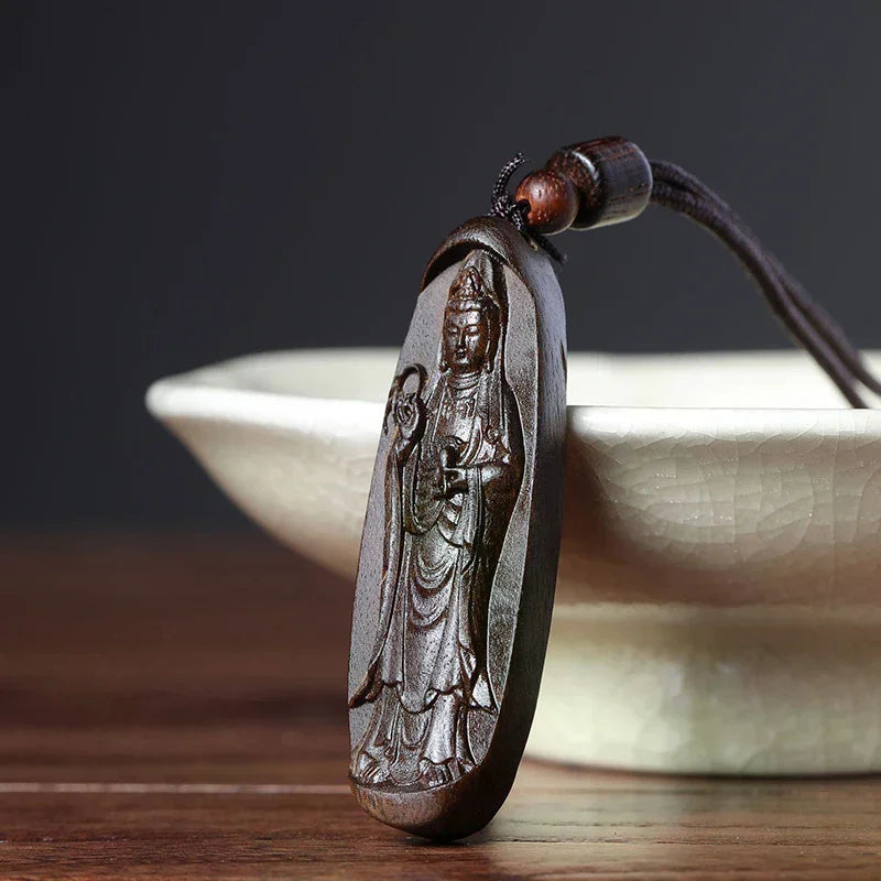 1PCS Agarwood Carved Flower Buddha Statues Pendant Handle Piece Double-sided Carved Lucky Nafu Ping An Brand Wen Play Wood