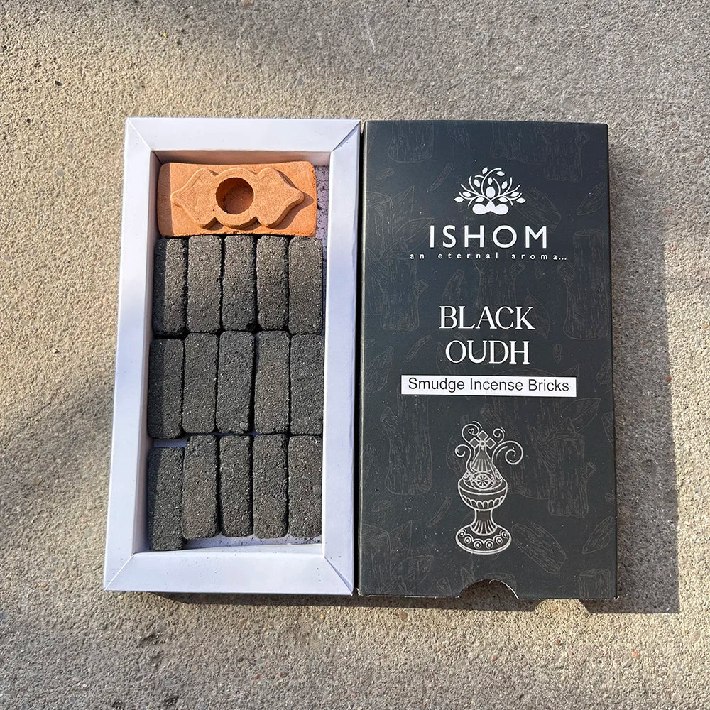 Handmade Indian Incense Bricks, BLACK OUDH & BENZOIN Natural Smudge Bricks with Base, Home Indoor Aroma Space‑Purifying Incense