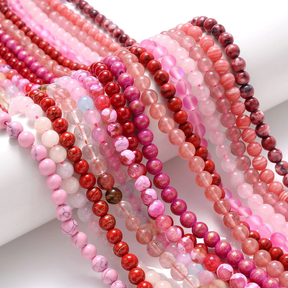 Natural Stone Beads Pink Red Series Coral Turquoises Garnet Jades Sun Stone Loose Beads for Jewelry Making DIY Bracelet 4-12mm
