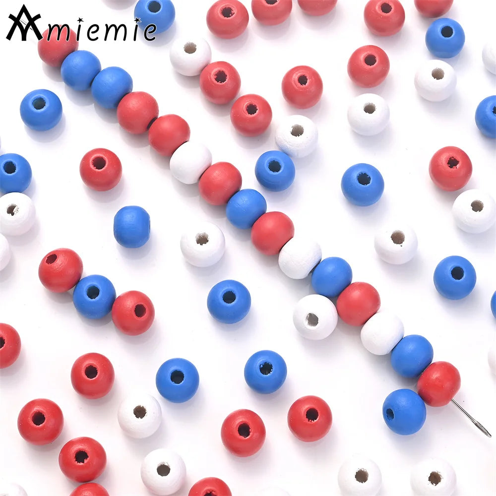 200Pcs 8mm Red White Blue Round Wooden Beads Smooth Spacer Beads For Diy Keychain Necklace Bracelet Jewelry Making Accessories