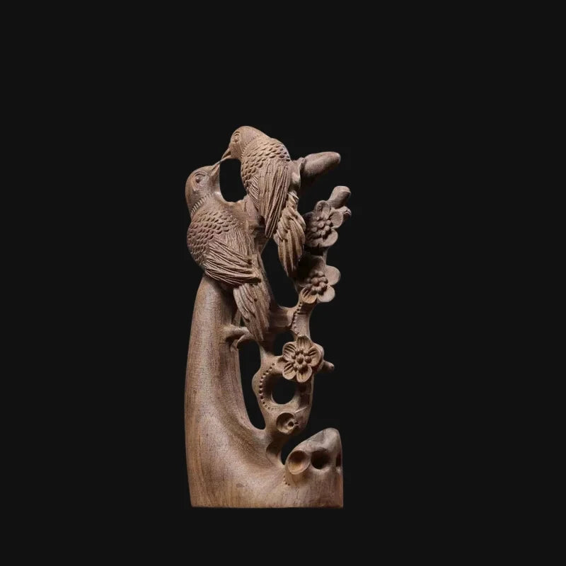 Hand-Carved Premium Agarwood Magpie Bird Statue - 7.9" Traditional Wood Sculpture Figurine for Home Living Room Feng Shui Decor