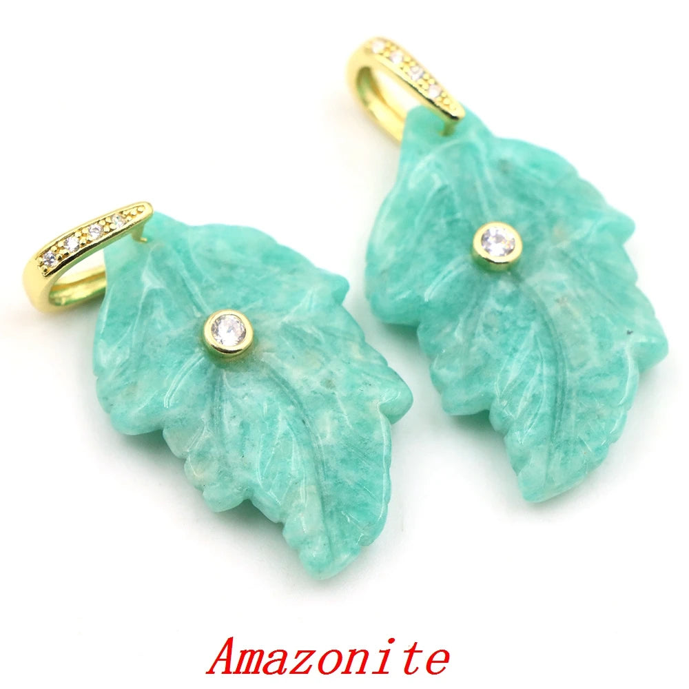 Natural Stone Leaf Pendant White Zircon Gold Plated Bail Healing Crystal Charm DIY Necklace Bohemian Nature Jewelry Making Gifts
