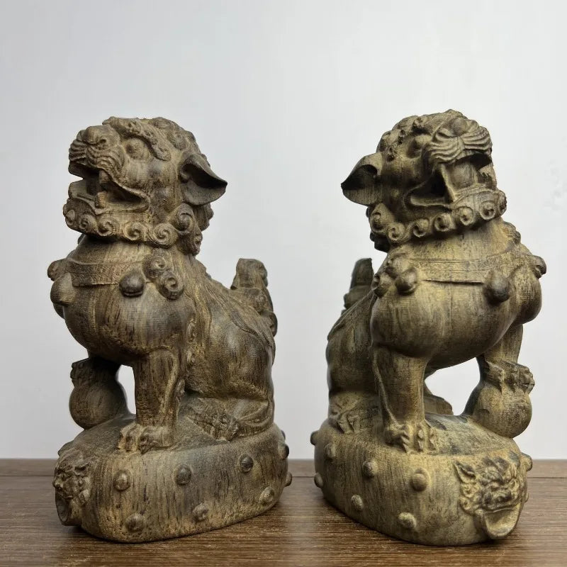 Hand-Carved Agarwood Foo Dog Lion Pair 5.3H Feng Shui Statue