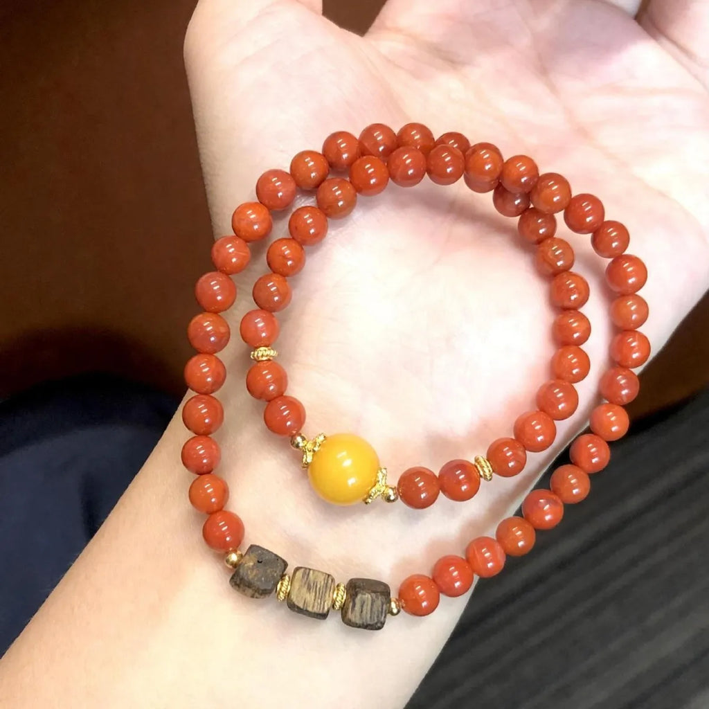 Natural Full Color Nanhong Bead Bracelet With Aged Beeswax Double Loop Sugar Cube Agarwood Handcrafted Wrist Gift For Girlfriend