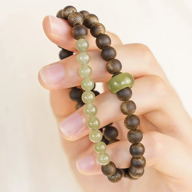 New Chinese Style Double Loop Natural Hetian Jade Beaded Agarwood Bracelet with Running Ring for Men and Women Gifts