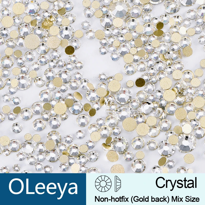 14400Pcs Wholesale SS4-SS20 Mix Size Glass Rhinestones Crystal Non-hotfix Gold FlatBack Stones For DIY Nail Art Accessories