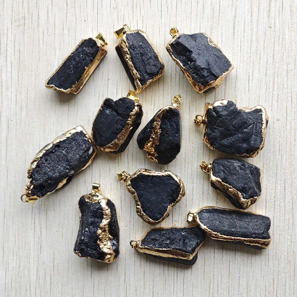 Natural Black Tourmaline Gold Color Side Healing Irregular Pendants Findings DIY Jewelry Making 12pcs Wholesale Free Shipping