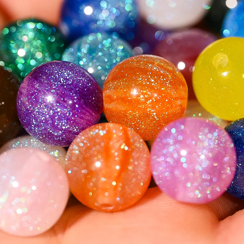 Mixed Color Glitter Resin Round Beads 8/10/12mm Sparkling Solid Loose Beads For DIY Bracelet Necklace Jewelry Making
