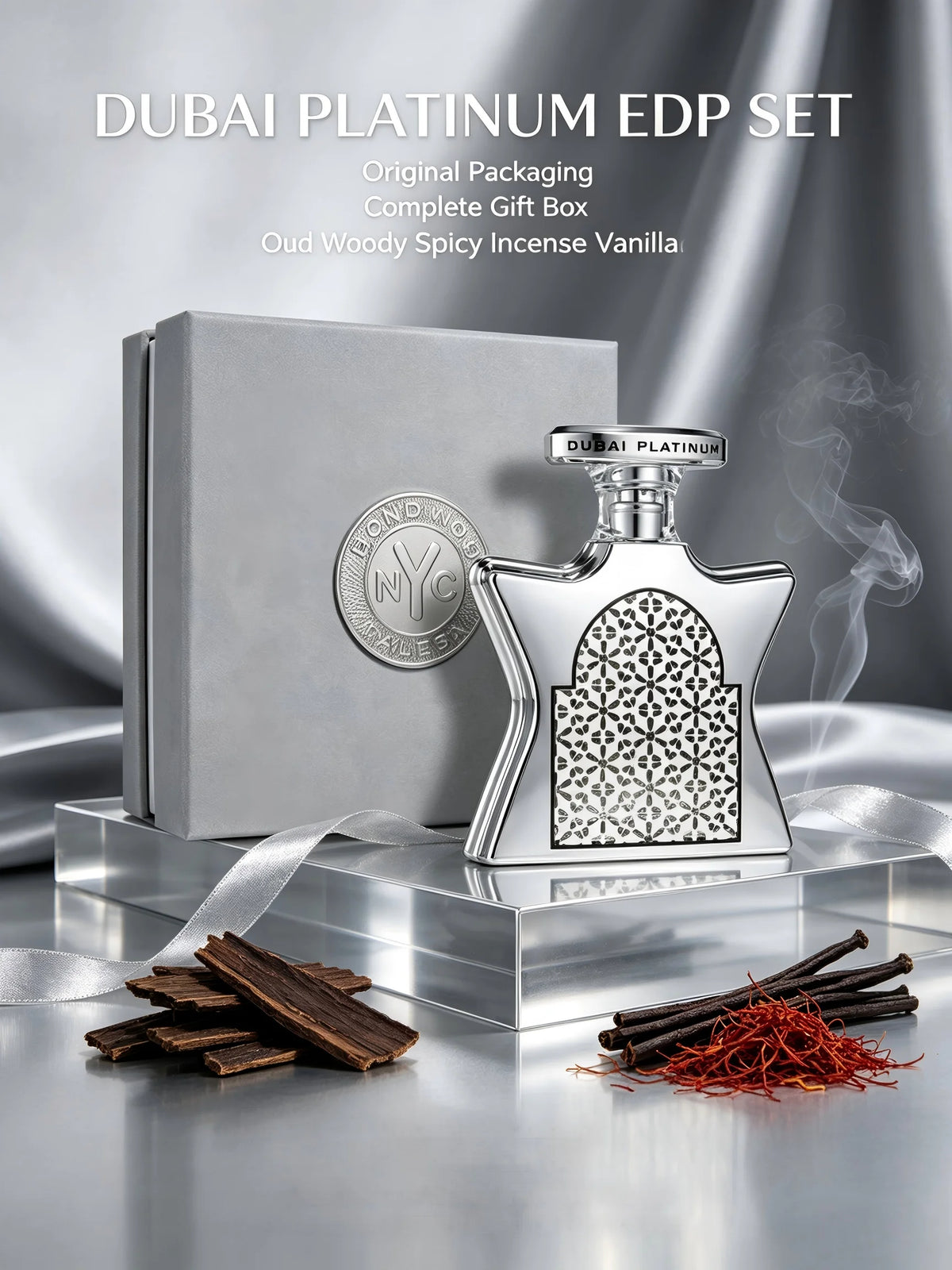 Bond No. 9 Dubai Platinum EDP Unisex Perfume, 3.4 fl oz/100ml, 1 Bottle, Oud Woody Spicy Incense Vanilla Long Lasting Fragrance, Birthday Gift, Fall, Halloween, Thanksgiving, Black Friday, Christmas, New Year Holiday Gift