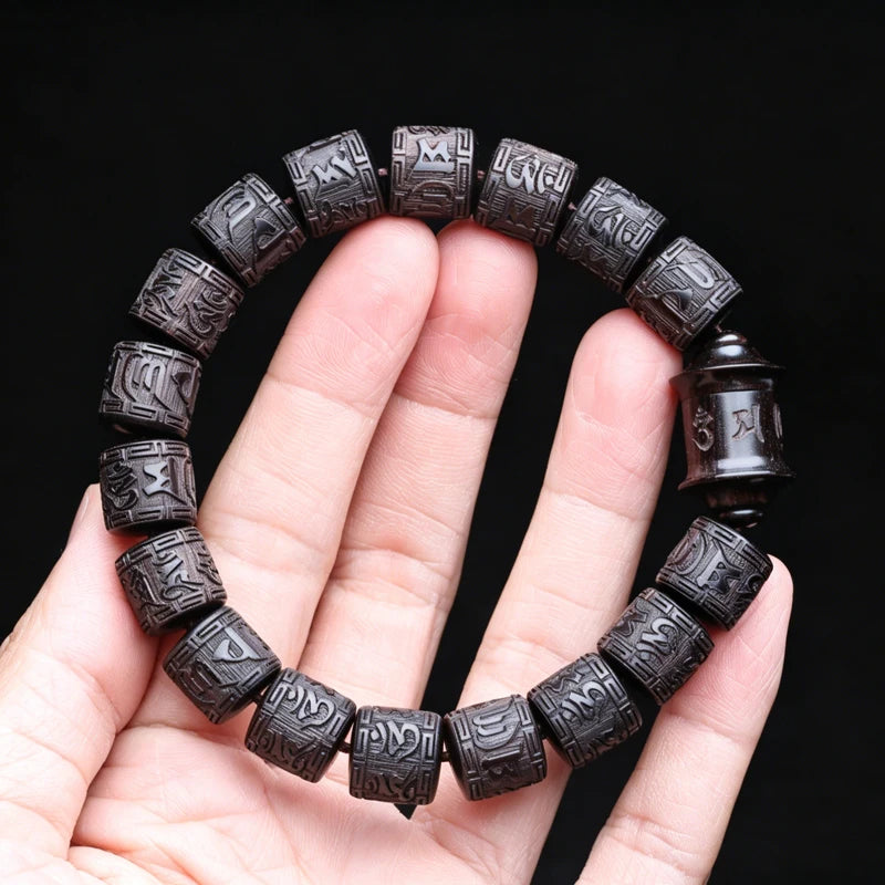 Natural Ebony Tibetan Six-Character Mantra Tibetan Buddhist Prayer Wheel Bracelet 12mmx12mm Universal
