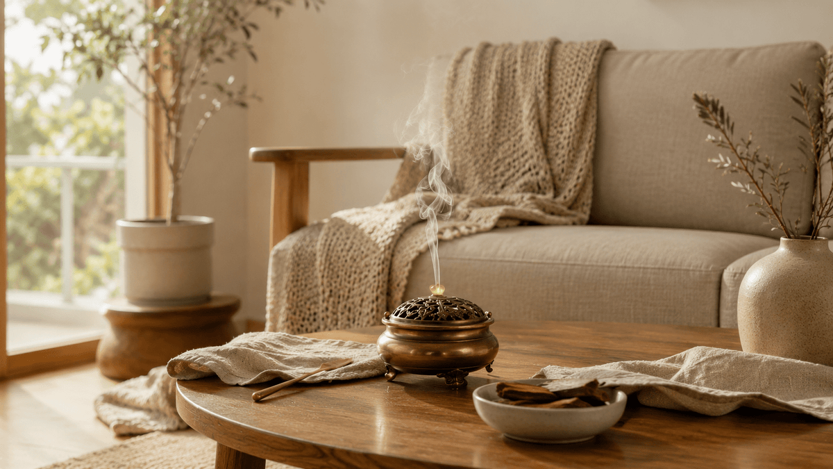 Modern home incense ceremony setup with agarwood heater, candle, and slices on a small ritual table (AI-illustrated)